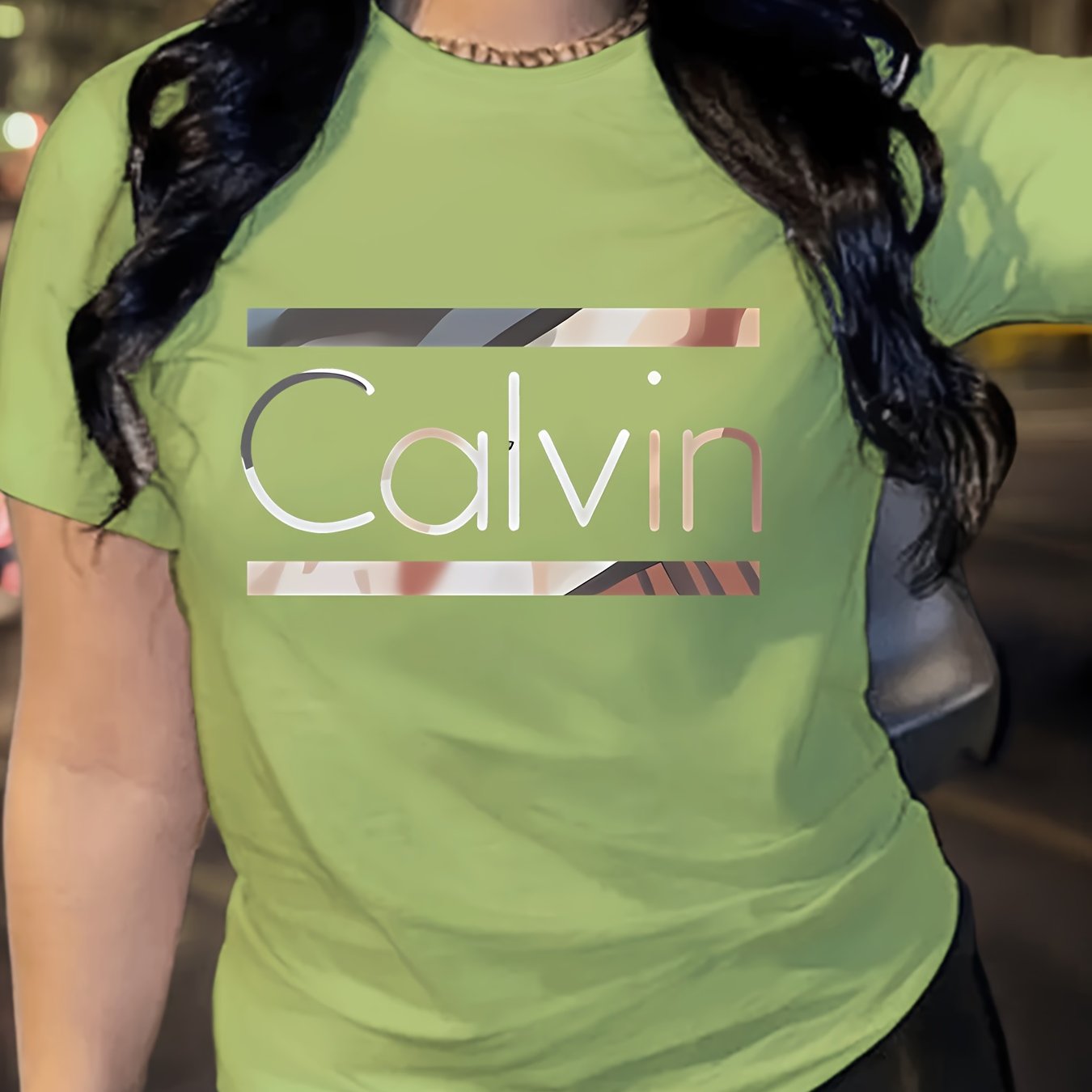 1pc Calvin Women's Graphic Tee - Soft Polyester Spandex Blend, Casual Crew Neck Short Sleeve Top in Black with Stylish Letter Print, Comfortable Casual Attire, Everyday Apparel | Trendy Casual Style | Stretchable Top